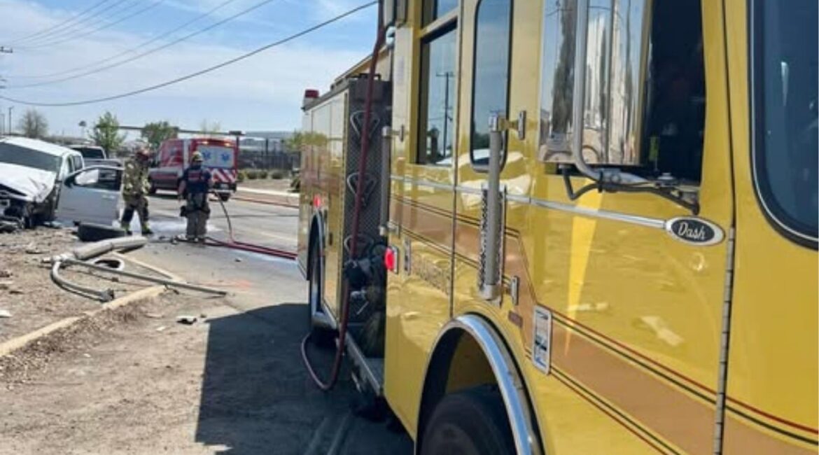 A driver crashed into a utility pole Thursday, April 10, 2025, on Goshen Avenue in Visalia, causing major traffic delays but no reported injuries. (Visalia FD)