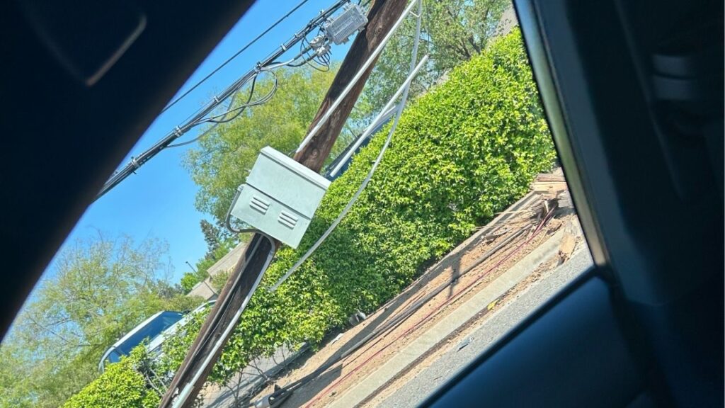 A driver going by the incident caught a photo of the power pole down near the crash near Fruit and Herndon on Thursday, April 10, 2025. (Special to GV Wire)