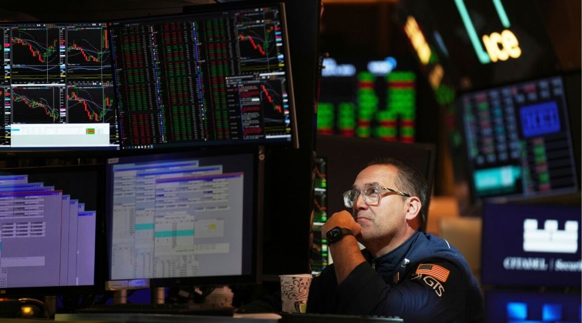 Anthony Matesic works on the floor at the New York Stock Exchange in New York, Wednesday, April 9, 2025. (AP/Seth Wenig)