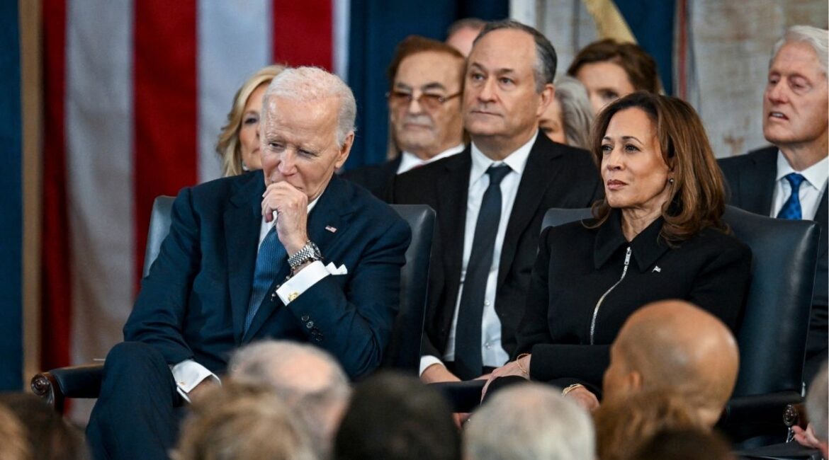 Former Vice President Kamala Harris, right, listens with her husband, Doug Emhoff, center, and former President Joe Biden as President Donald Trump is inaugurated inside the Capitol Rotunda in Washington, Jan. 20, 2025. A successful campaign for governor of California in 2026, Harris has told allies, would give her a prominent perch from which to push back against President Trump and defend Democratic priorities. (Kenny Holston/The New York Times)