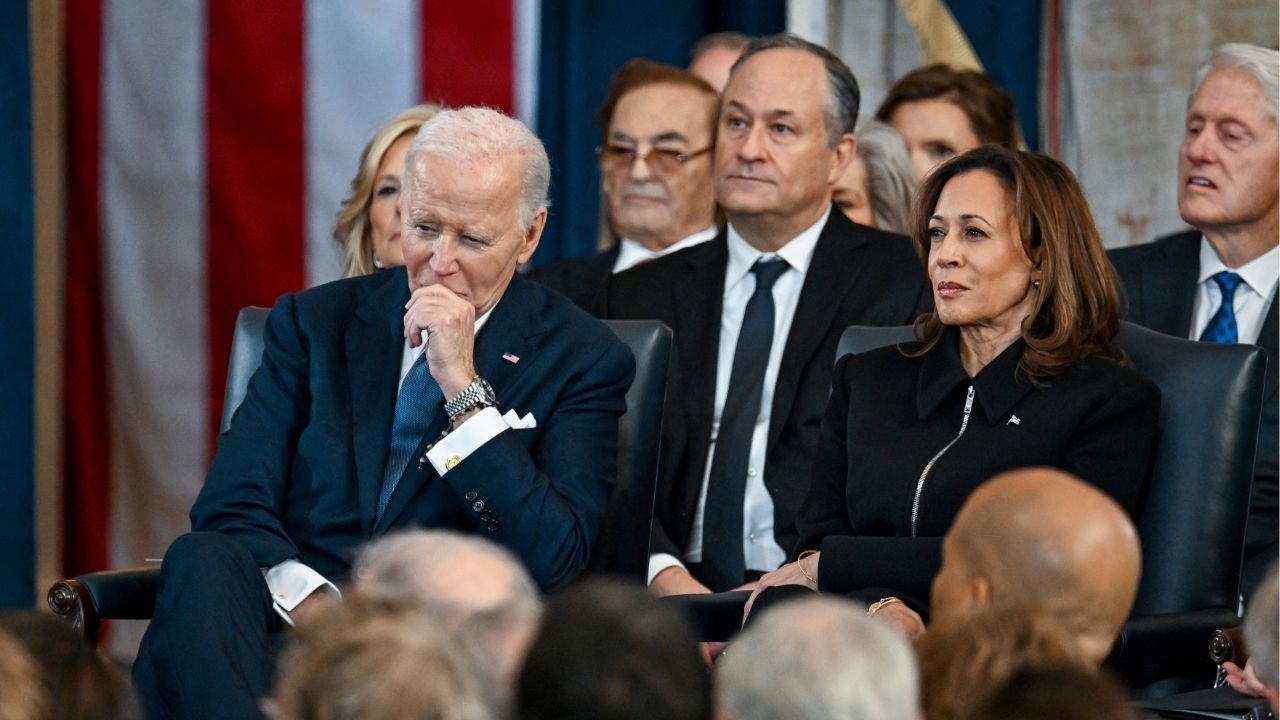 Former Vice President Kamala Harris, right, listens with her husband, Doug Emhoff, center, and former President Joe Biden as President Donald Trump is inaugurated inside the Capitol Rotunda in Washington, Jan. 20, 2025. A successful campaign for governor of California in 2026, Harris has told allies, would give her a prominent perch from which to push back against President Trump and defend Democratic priorities. (Kenny Holston/The New York Times)