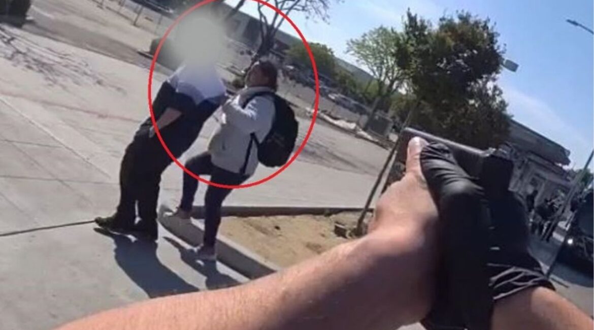 Fresno police shot a female suspect in the head on Thursday, April 10, 2025, after she took a woman hostage with a knife near Manchester Center, and the suspect remains in critical condition while the hostage was unharmed. (Fresno PD)