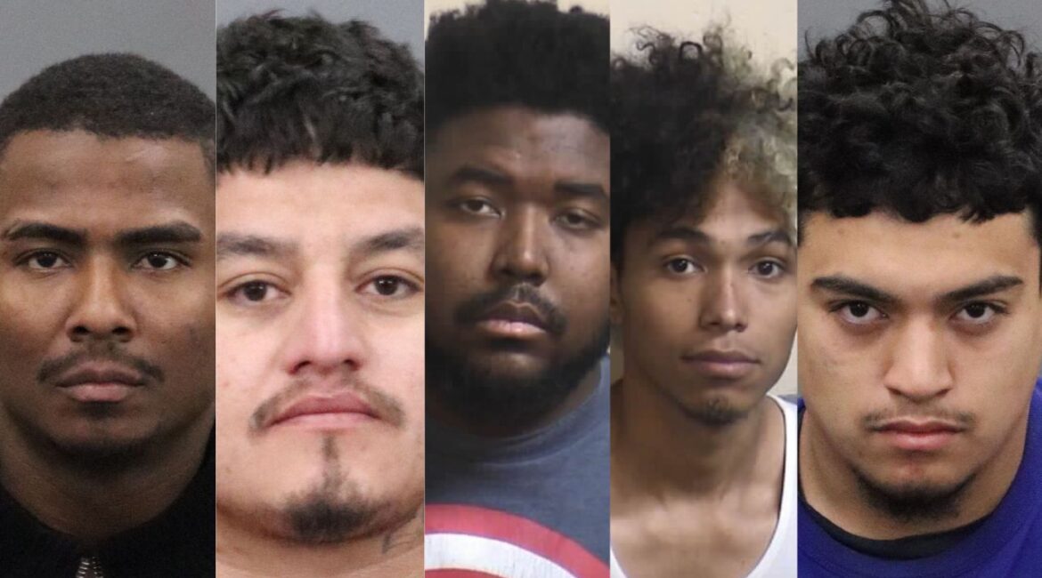 From left to right: Anderson Vega Laya, 31; Helan Lopez Sanchez, 29; Aaron Sojo Moreno, 25; Yan Garcia-Heredia, 22; and Albert Hinegues, 19, some linked to a violent Venezuelan gang, have been arrested in connection with a series of armed robberies across Fresno County during the summer of 2024. (Fresno County SO)