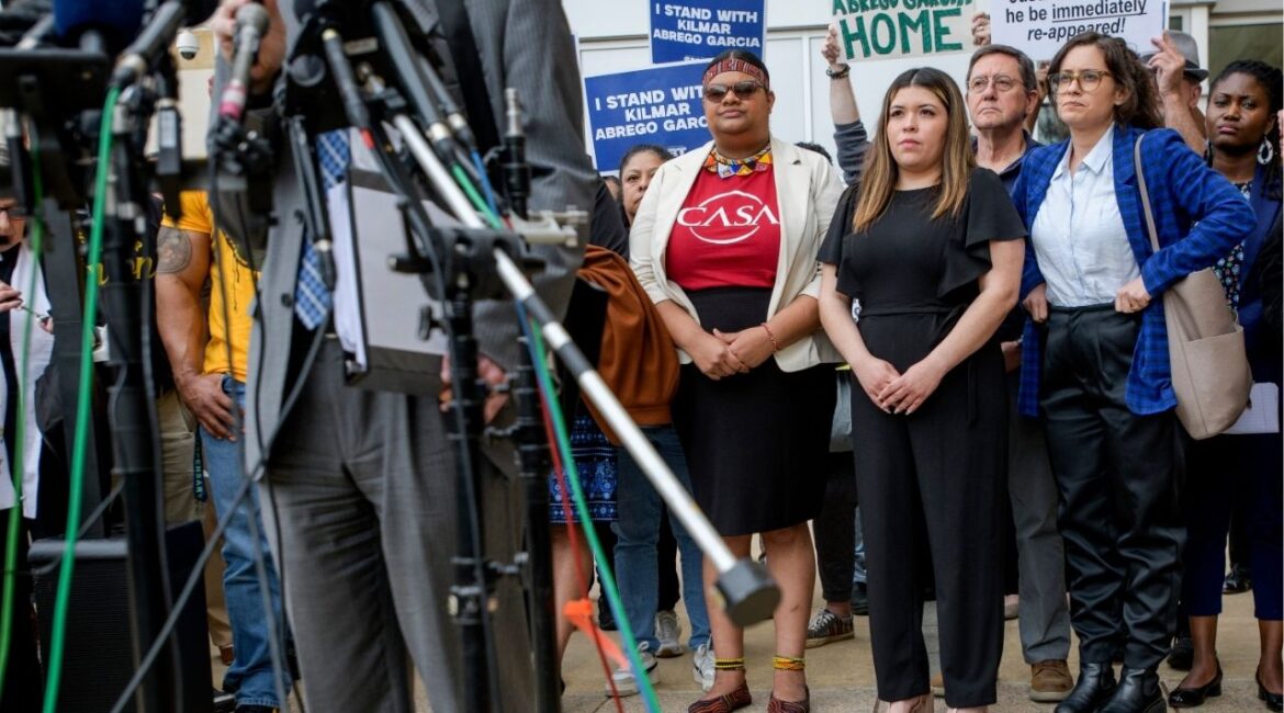 Jennifer Stefania Vasquez Sura, second from right, during a demonstration in support of her husband, Kilmar Armando Abrego Garcia, in Greenbelt, Md., April 4, 2025. The Supreme Court on Thursday, April 10, 2025, instructed the government to take steps to return Garcia, a Salvadoran migrant it had wrongly deported to a notorious prison in El Salvador. (Rod Lamkey Jr./The New York Times)