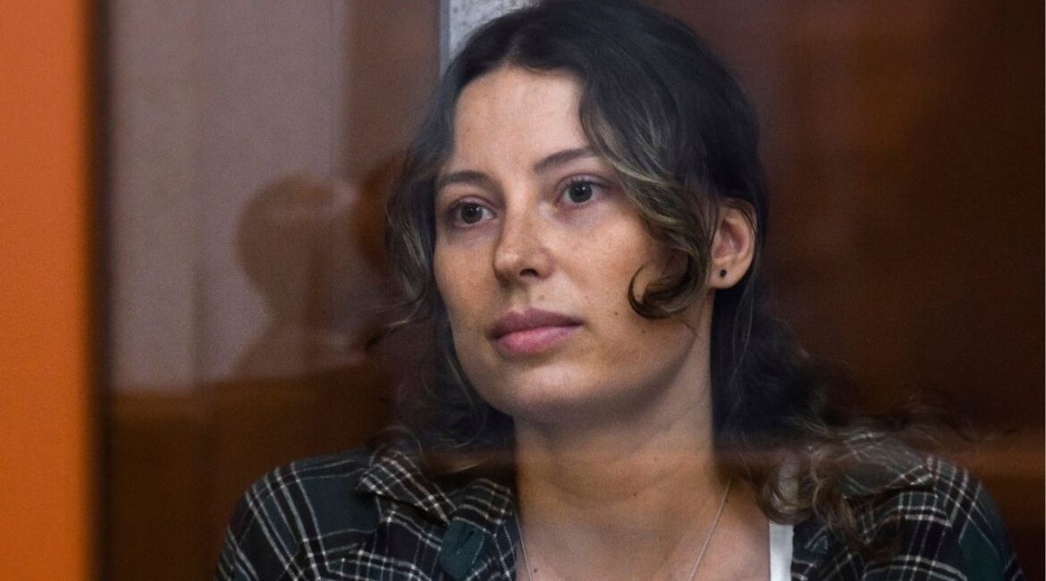 Ksenia Karelina, also known as Khavana sits in a glass cage in a court room in Yekaterinburg, Russia, Thursday, June 20, 2024. (AP File)