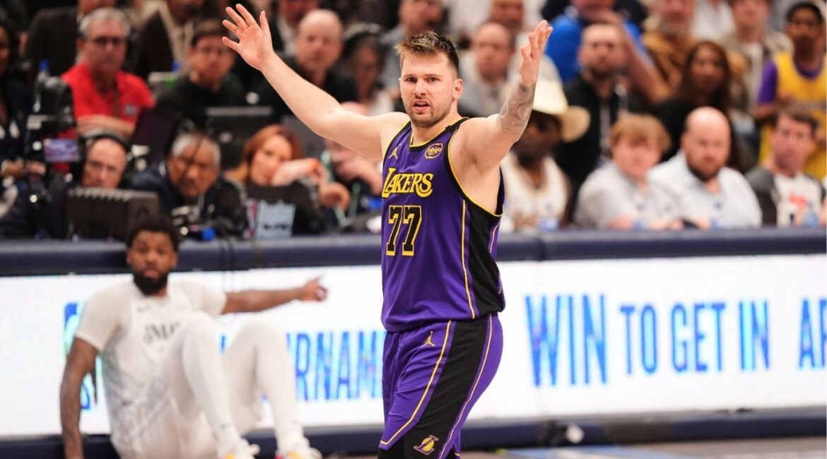 Los Angeles Lakers' Luka Doncic (77) reacts to play in the second half of an NBA basketball game against the Dallas Mavericks in Dallas, Wednesday, April 9, 2025. (AP/LM Otero)