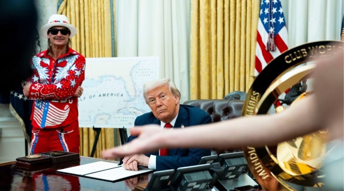 President Donald Trump, alongside the singer Kid Rock, signs executive orders in the Oval Office of the White House in Washington on Monday, March 31, 2025. Trump said on Monday that he has settled on a final plan for sweeping “reciprocal” tariffs, but he declined to reveal the details ahead of an announcement in the Rose Garden at 4 p.m. on Wednesday. (Doug Mills/The New York Times)