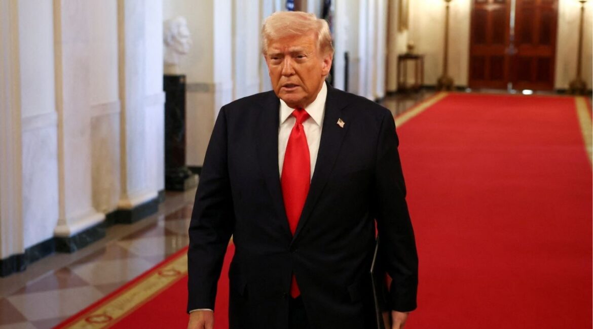 President Donald Trump arrives for a presentation of the Commander-in-Chief trophy to the U.S. Navy Midshipmen football team of the United States Naval Academy, at the White House in Washington, D.C., U.S., April 15, 2025. (REUTERS/Evelyn Hockstein)