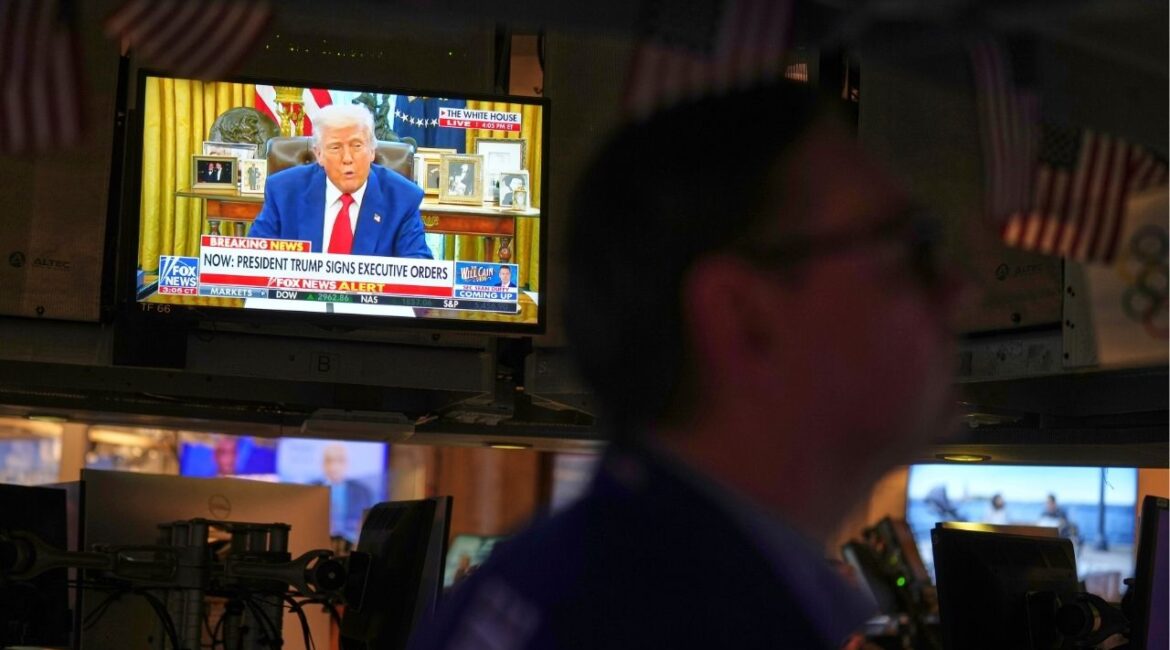 President Donald Trump is displayed on a television on the floor at the New York Stock Exchange in New York, Wednesday, April 9, 2025. (AP/Seth Wenig)