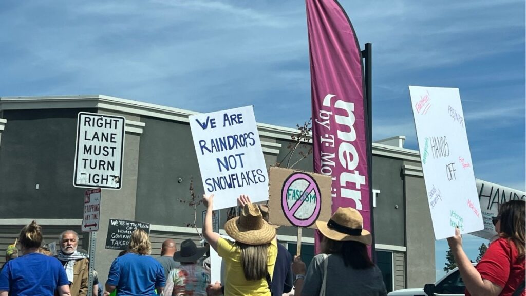Protestors marched down Fresno Street on Saturday, April 4, 2025. (GV Wire/Anthony W. Haddad)
