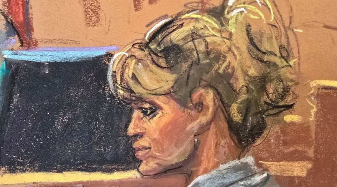 Sarah Palin listens as Ross Douthat (not seen) testifies during Palin's retrial lawsuit accusing the New York Times of defaming the former Alaska governor and Republican U.S. vice presidential candidate in an editorial, at Manhattan federal court in New York City, U.S., April 21, 2025 in a courtroom sketch. (REUTERS/Jane Rosenberg)