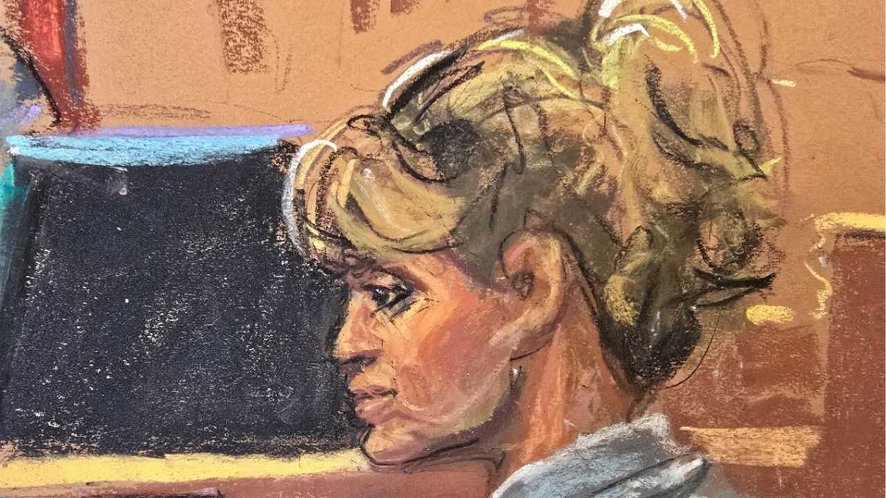 Sarah Palin listens as Ross Douthat (not seen) testifies during Palin's retrial lawsuit accusing the New York Times of defaming the former Alaska governor and Republican U.S. vice presidential candidate in an editorial, at Manhattan federal court in New York City, U.S., April 21, 2025 in a courtroom sketch. (REUTERS/Jane Rosenberg)