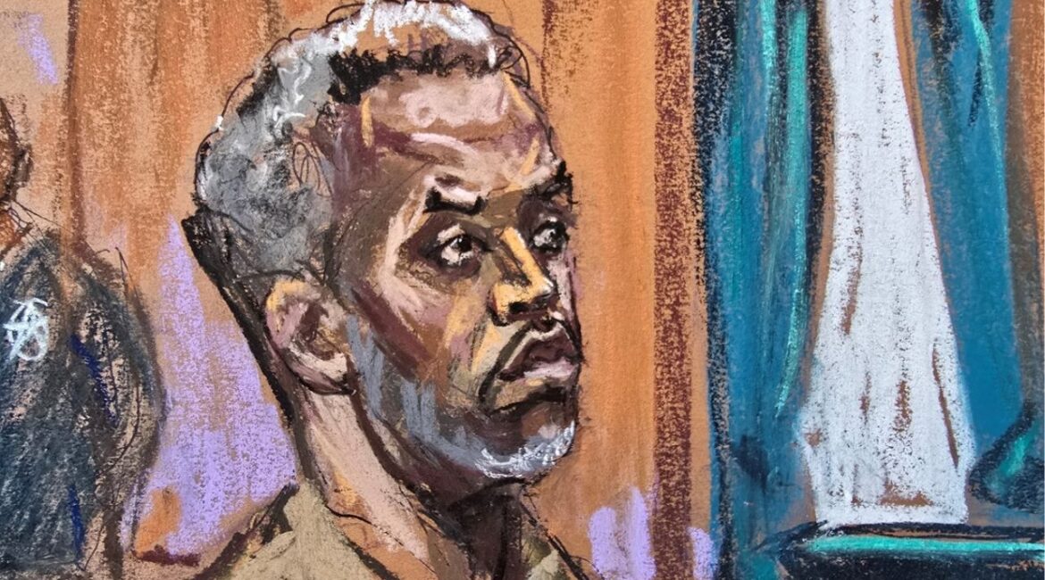Sean "Diddy" Combs stands as he is arraigned on a superseding indictment ahead of his May trial on sex trafficking charges, in New York, U.S., March 14, 2025, in this courtroom sketch. (REUTERS/Jane Rosenberg?/File Photo)