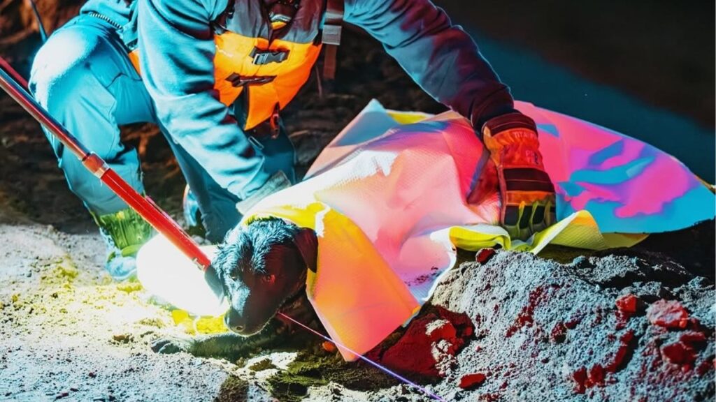 This March 2, 2025, photo shows Sam being rescued from a canal by Fresno Fire personnel. (Instagram/Fresno Animal Center) 