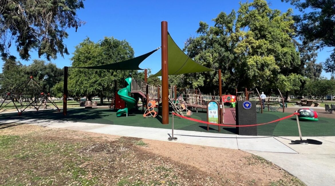 Fresno unveiled Measure P-funded upgrades to two tot lots at Roeding Park, enhancing the city’s widely visited park with new play structures and shaded areas for families. (GV Wire/Anthony W. Haddad)