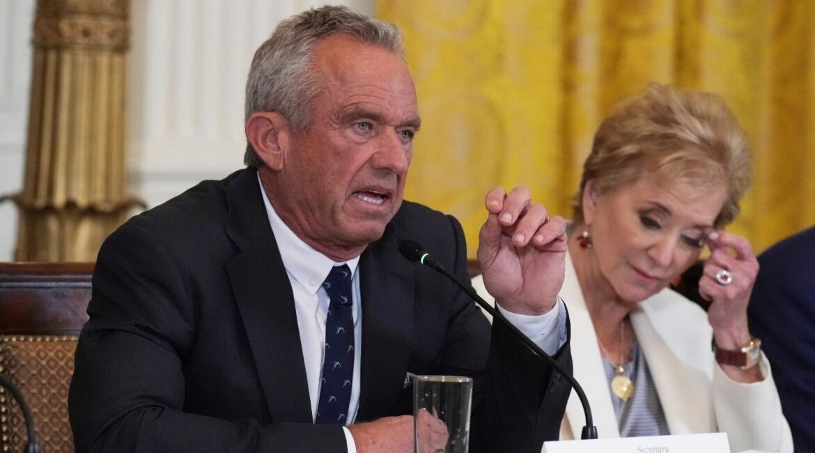 Health and Human Services Secretary Robert F. Kennedy Jr. speaks as Education Secretary Linda McMahon listens during a Make America Healthy Again (MAHA) Commission Event in the East Room of the White House, Thursday, May 22, 2025, in Washington. (AP/Jacquelyn Martin)