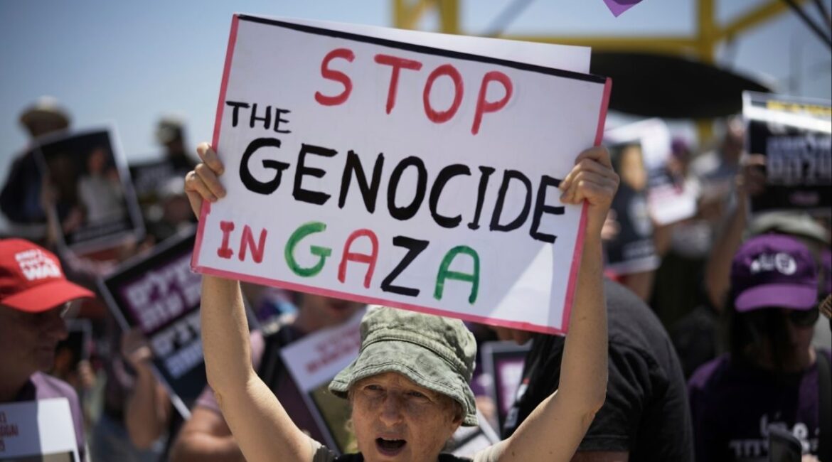 People take part in a protest demanding the end of the war in the Gaza Strip in an area near the Israeli-Gaza border in Sderot, southern Israel, Friday, May 23, 2025. (AP Photo/Leo Correa)
