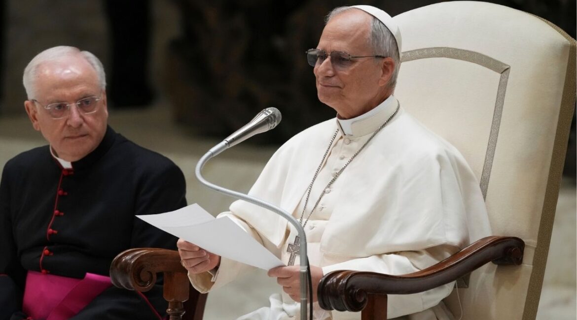 Pope Leo XIV meets with members of the international media in the Paul VI Hall at the Vatican, Monday, May 12, 2025. (AP/Domenico Stinellis)