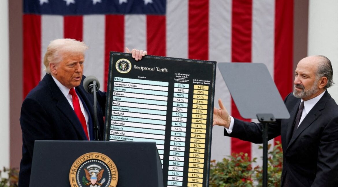 President Donald Trump holds a chart next to U.S. Secretary of Commerce Howard Lutnick as Trump delivers remarks on tariffs in the Rose Garden at the White House in Washington, D.C., U.S., April 2, 2025. REUTERS/Carlos Barria/File Photo