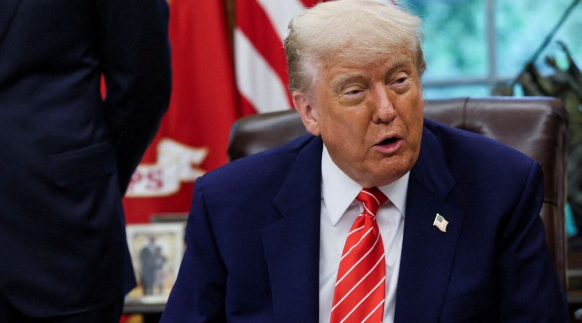 President Donald Trump makes an announcement about a trade deal with the U.K., in the Oval Office at the White House in Washington, D.C., U.S., May 8, 2025. REUTERS/Leah Millis