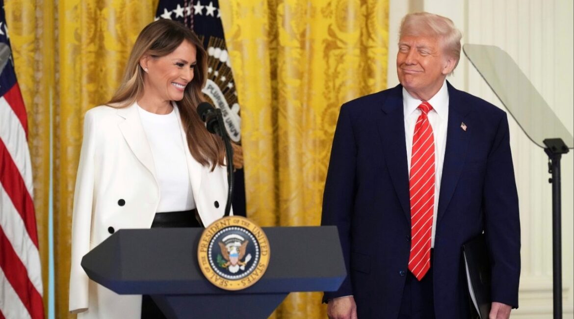 President Donald Trump, right, watches as first lady Melania Trump speaks at an event for Military Mothers, Thursday, May 8, 2025, in the East Room of the White House in Washington. (AP/Jacquelyn Martin)