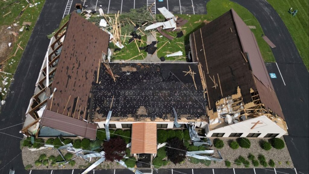 Redeemer Lutheran Church is damaged, Sunday, May 18, 2025, along Highway 27 in Somerset, Ky., after a severe storm passed through the area. (AP/Carolyn Kaster)