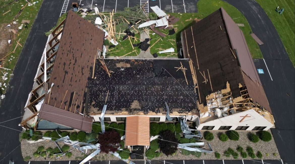 Redeemer Lutheran Church is damaged, Sunday, May 18, 2025, along Highway 27 in Somerset, Ky., after a severe storm passed through the area. (AP/Carolyn Kaster)