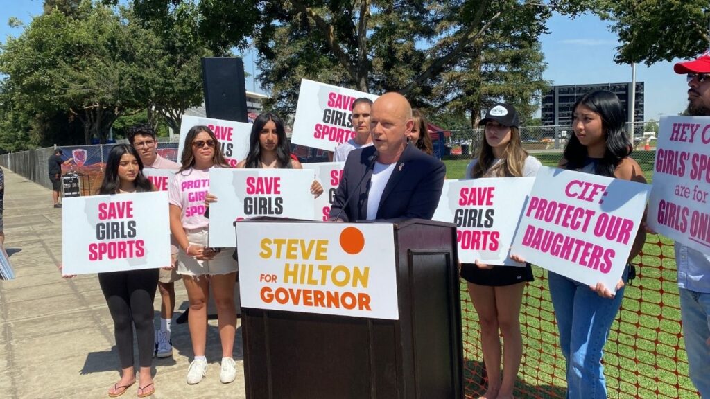 Steve Hilton, a 2026 candidate for governor, speaks at a news conference on May 31, 2025, outside Veterans Memorial Stadium in Clovis. (GV Wire/David Taub)
