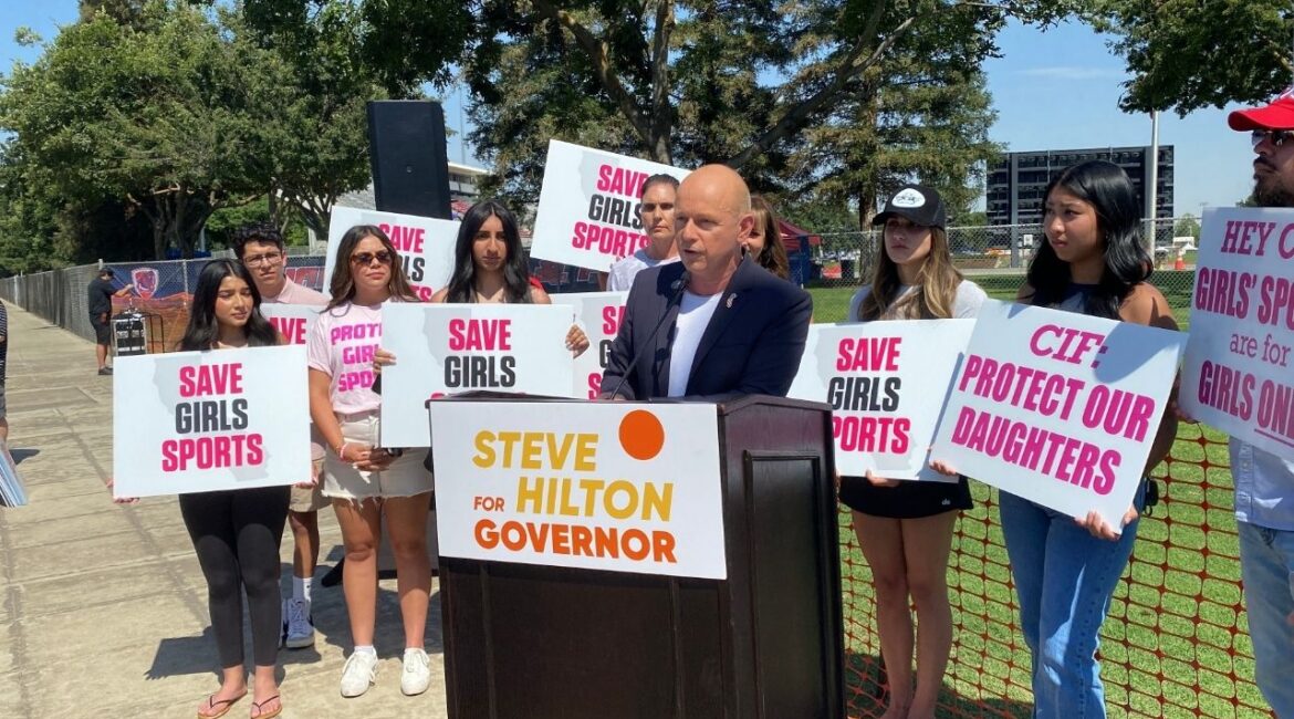 Steve Hilton, a 2026 candidate for governor, speaks at a news conference on May 31, 2025, outside Veterans Memorial Stadium in Clovis. (GV Wire/David Taub)