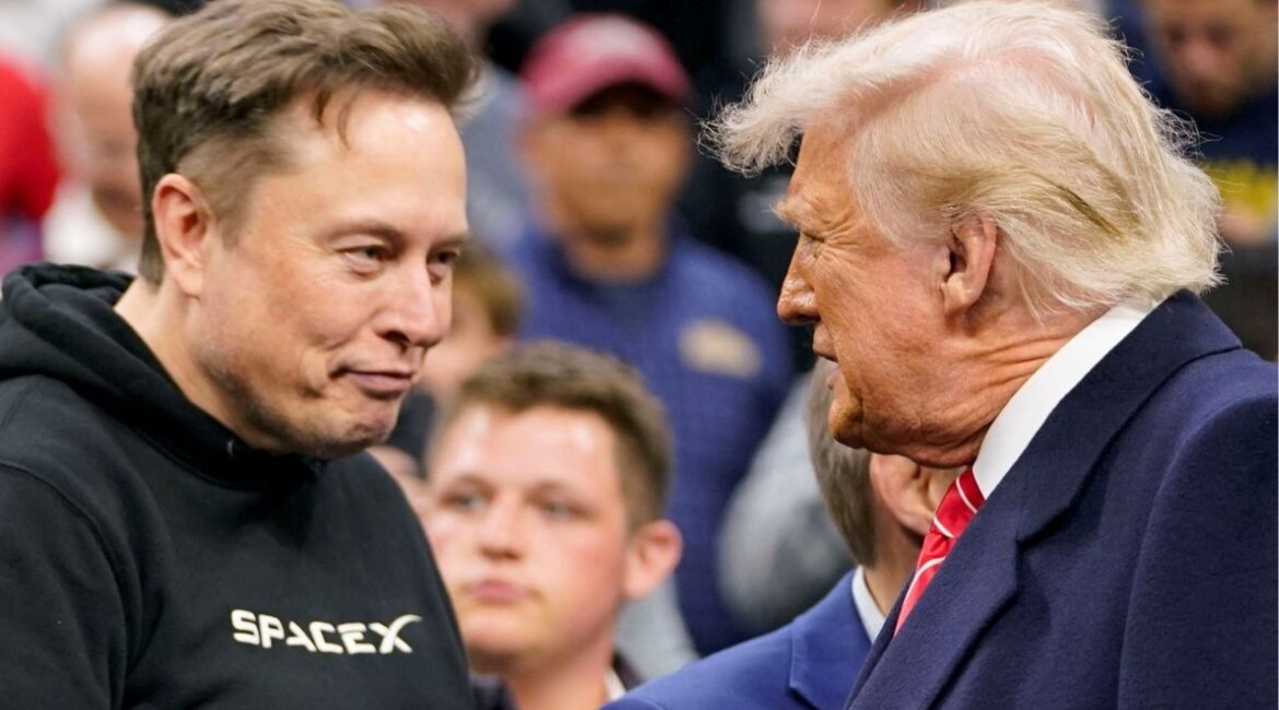 Tesla CEO Elon Musk greets U.S. President Donald Trump as they attend the NCAA men's wrestling championships in Philadelphia, Pennsylvania, U.S., March 22, 2025. (REUTERS/Nathan Howard/File Photo)