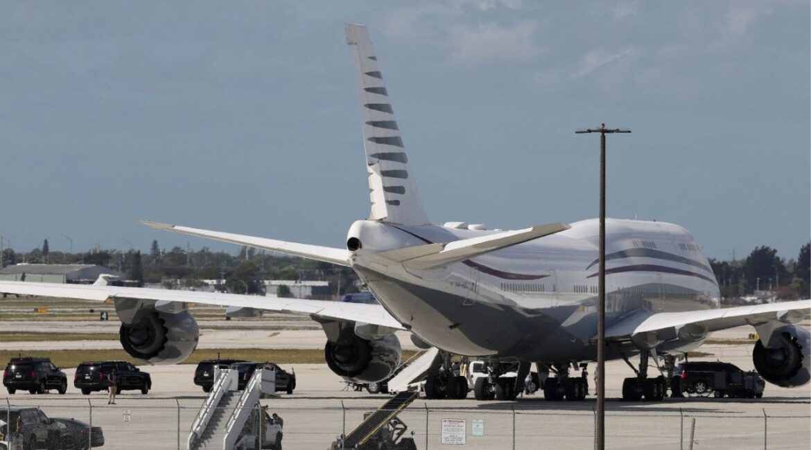 The motorcade of U.S. President Donald Trump is parked next to a 12-year old Qatari-owned Boeing 747-8 that Trump was touring in West Palm Beach, Florida, February 15, 2025. REUTERS/Kevin Lamarque/File Photo