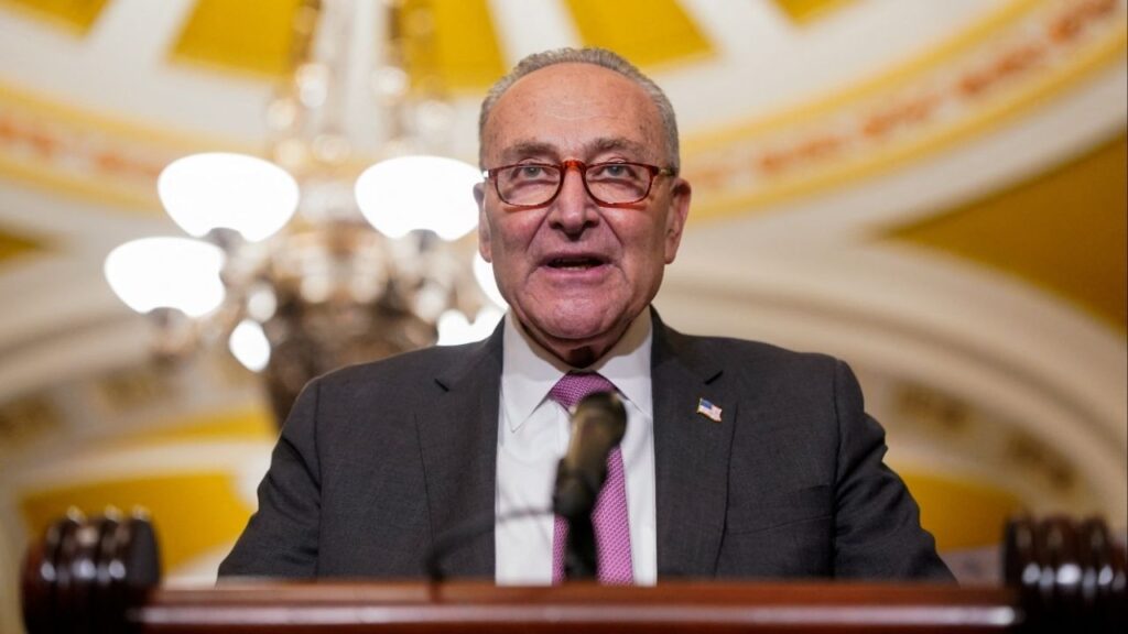 U.S. Senate Minority Leader Chuck Schumer (D-NY) speaks, following the weekly Senate caucus luncheons, on Capitol Hill in Washington, U.S., April 29, 2025. REUTERS/Nathan Howard/File Photo
