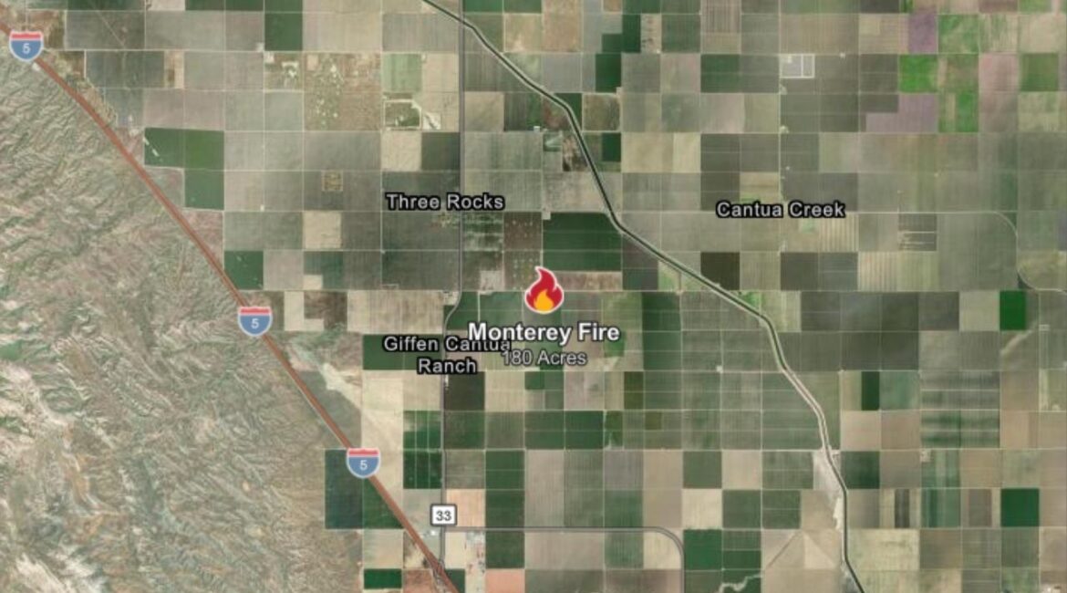 A 180-acre wildfire in Cantua Creek was fully contained Tuesday afternoon, with CalFire crediting nearby roads for helping crews quickly stop the Monterey Fire from spreading. (CalFire)