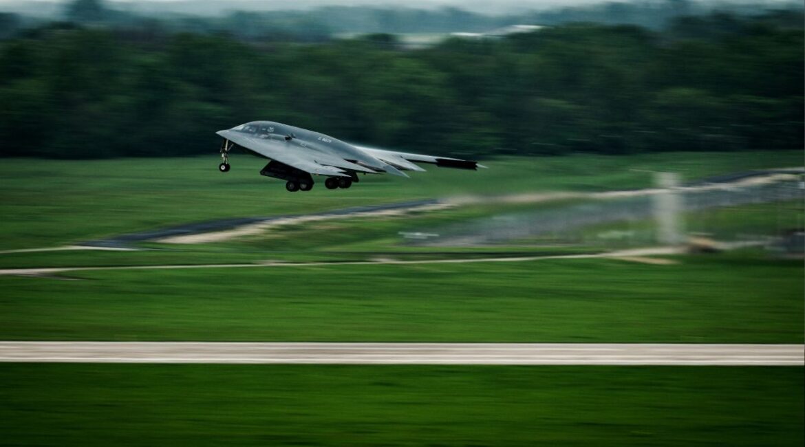 A B-2 Spirit stealth bomber takes off at Whiteman Air Force Base, Missouri, April 30, 2025. U.S. Air Force/Staff Sgt. Joshua Hastings/Handout via REUTERS