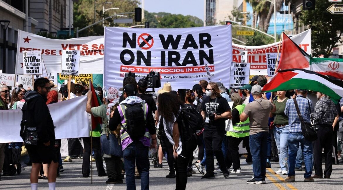 A "No war on Iran" banner is held as people attend an anti-war demonstration in Los Angeles, California, U.S., June 21, 2025. (Reuters File)