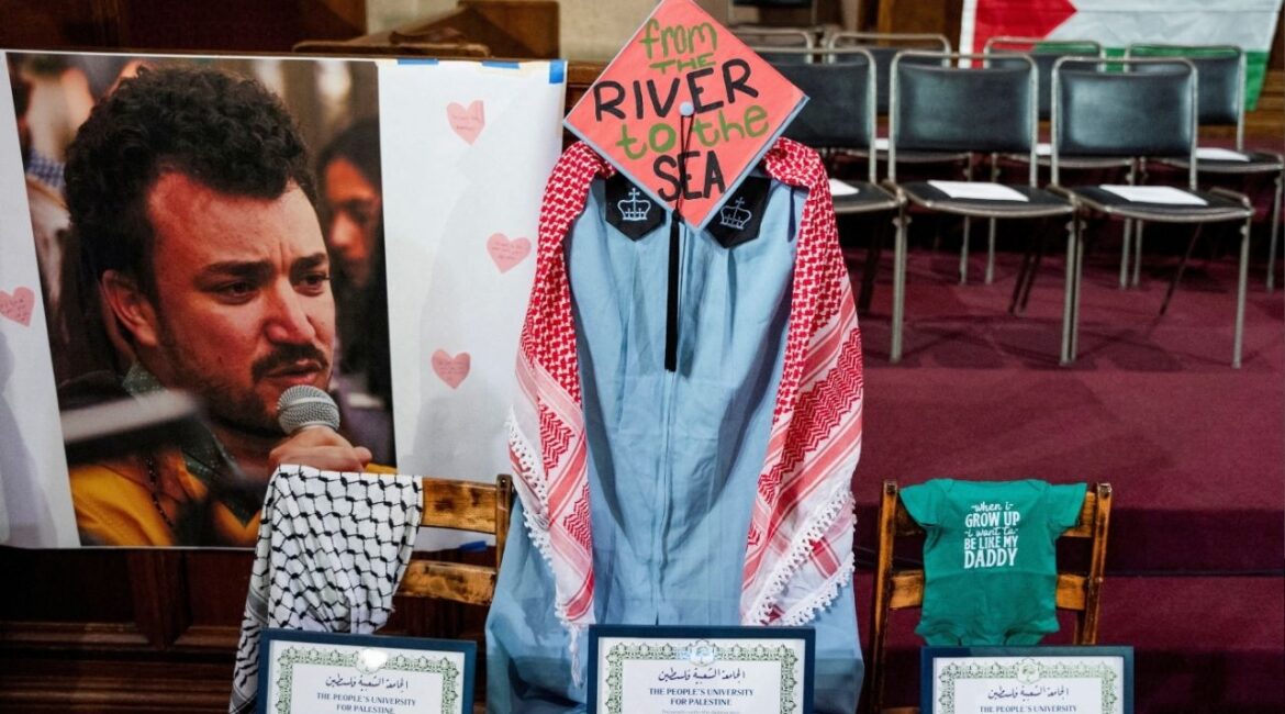 A display in honor of Mahmoud Khalil sits on stage at the People's Graduation, hosted for Khalil and other students unable to participate in Columbia and New York University's commencement ceremony, at the Cathedral of St. John the Divine in New York City, U.S., May 18, 2025. (Reuters File)