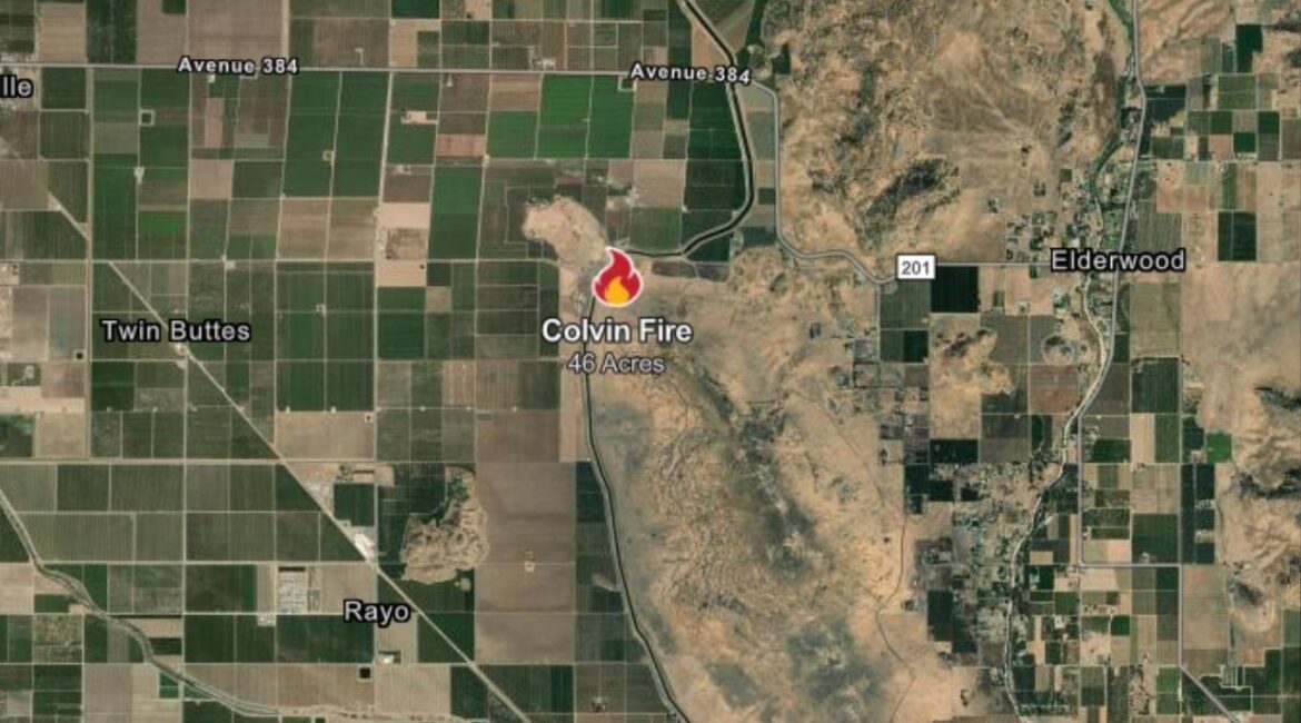 A wildfire dubbed the Colvin Fire broke out Saturday near Woodlake in Tulare County, burning 46 acres with 0% containment and threatening two structures, according to CalFire. (CalFire)