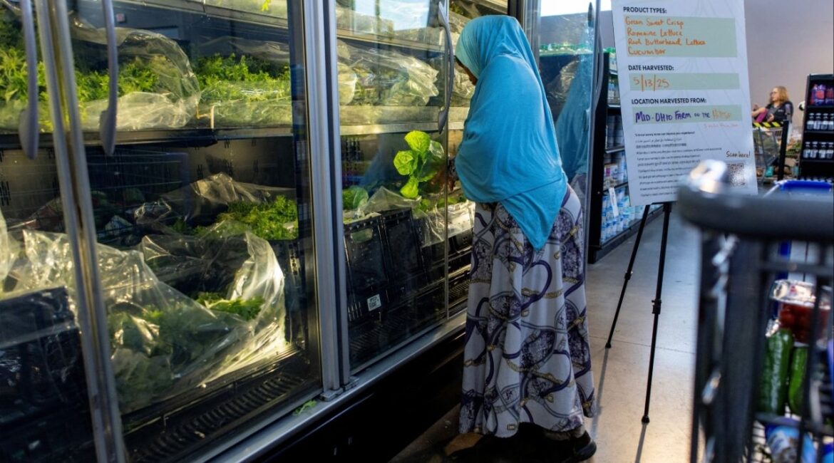 A woman shops for lettuce at the Mid-Ohio Market at Norton, a modern food pantry designed to replicate a grocery store experience, in Columbus, Ohio, U.S., May 13, 2025. (Reuters File)