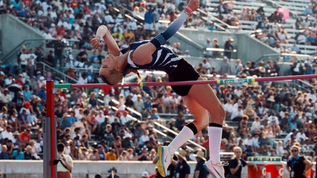 AB Hernandez leads the girls high jump at the California state track and field meet in Clovis, Calif. May 31, 2025. In a rules compromise, AB Hernandez shared first place in the high jump and triple jump in the California high school championship, and shared spots on the awards podium, too. (Adam Perez/The New York Times)