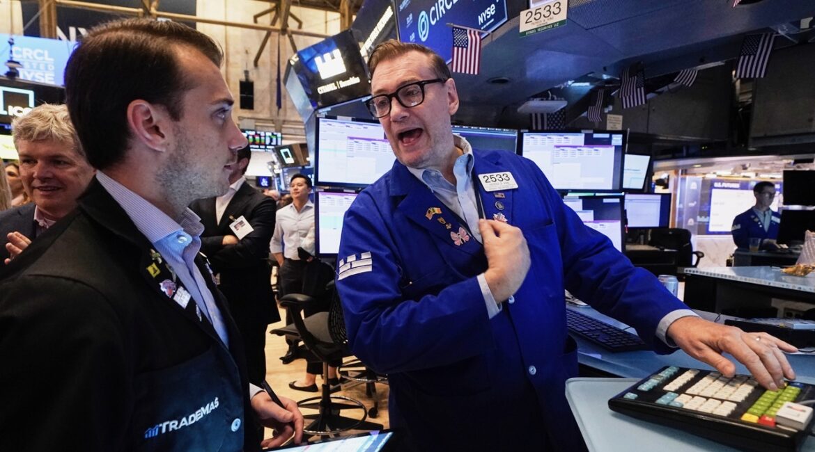 Trader Dylan Halvorsan, left, and specialist Patrick King work on the floor of the New York Stock Exchange, Thursday, June 5, 2025. (AP/Richard Drew)
