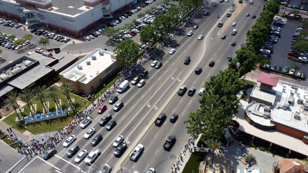 An aerial photo of part of the protest for "No Kings Day" on Blackstone and Nees avenues in Fresno on Saturday, June 14, 2025. (GV Wire/Eric Martinez)