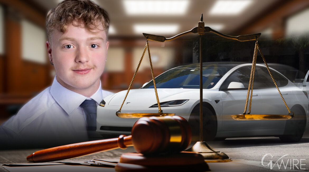 Composite image of Caleb Quick, a white Tesla, scales of justice, and a gavel