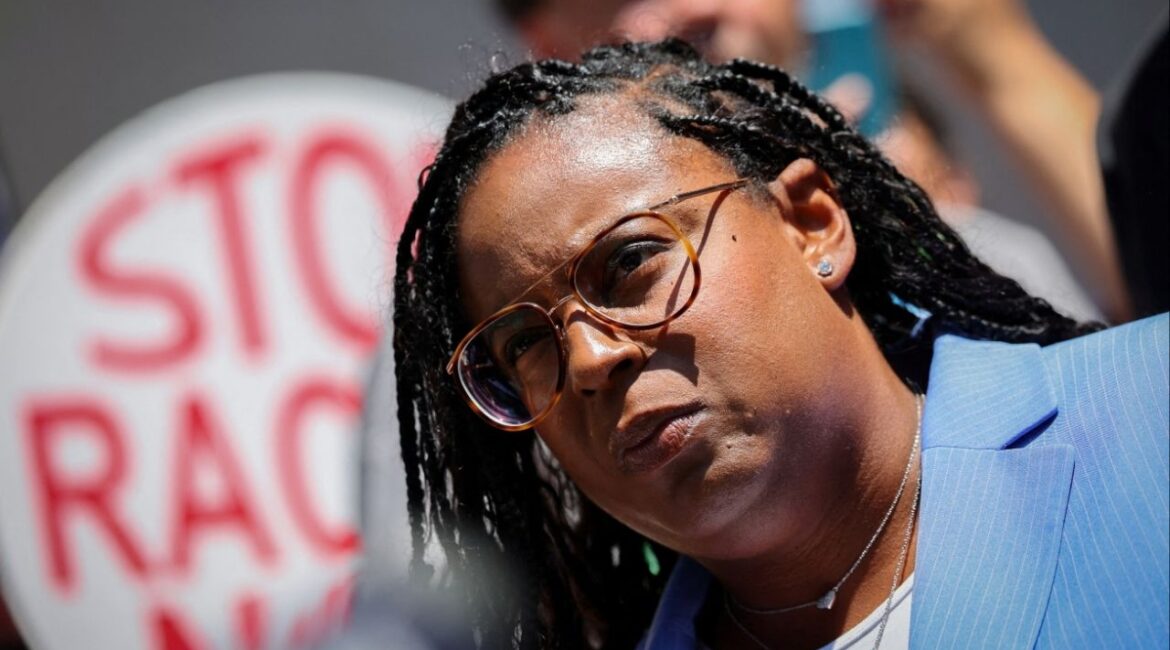 Democratic U.S. Representative LaMonica McIver (D-NJ) speaks outside United States Court, after pleading not guilty on three counts of "forcibly impeding and interfering" with federal law enforcement after a scuffle at the gate of a privately run immigration detention center on May 9, in Newark, New Jersey, U.S., June 25, 2025. (Reuters/Mike Segar)
