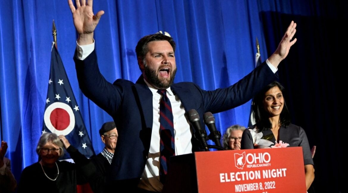 FILE PHOTO: Republican Ohio U.S. Senate candidate J.D. Vance celebrates as he declares victory in his U.S. Senate race with his wife Usha at his side during his 2022 U.S. midterm elections night party in Columbus, Ohio, U.S., November 8, 2022. (Reuters File)