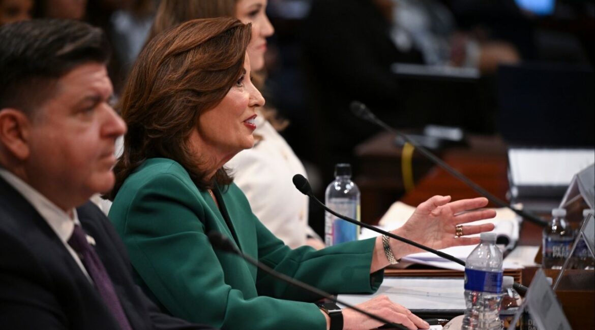 Gov. Kathy Hochul of New York responds to questions from Rep. Elise Stefanik (R-N.Y.) during a hearing of the House Committee on Oversight and Government Reform on state immigration policies on Capitol Hill in Washington, on Thursday, June 12, 2025. (Kenny Holston/The New York Times)