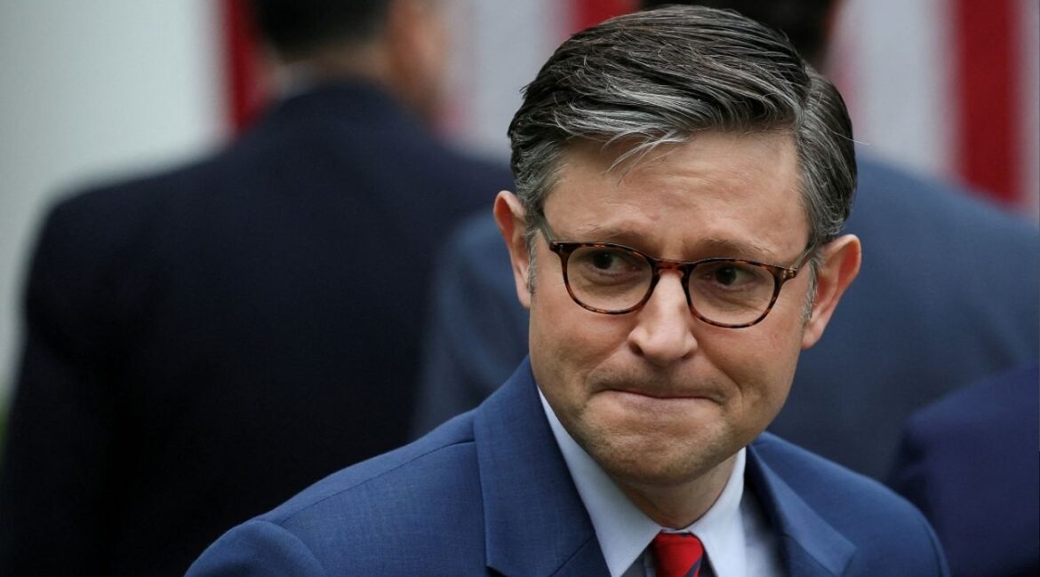 House of Representatives Speaker Mike Johnson (R-LA) looks on, after President Donald Trump delivered remarks on tariffs, in the Rose Garden at the White House in Washington, D.C., U.S., April 2, 2025. (Reuters File)