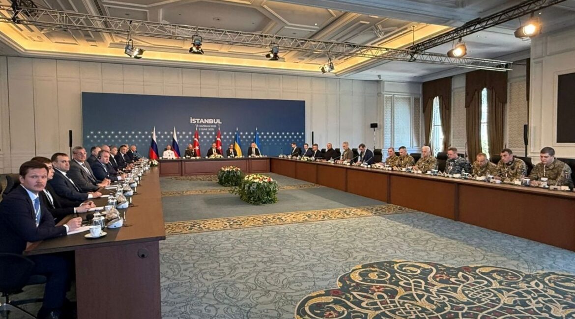In this photo released by the Ukrainian Ministry of Defense, Russian and Ukrainian delegations attend talks at the Ciragan Palace in Istanbul, Turkey, Monday, June 2, 2025. (Ukrainian Ministry of Defense via AP)