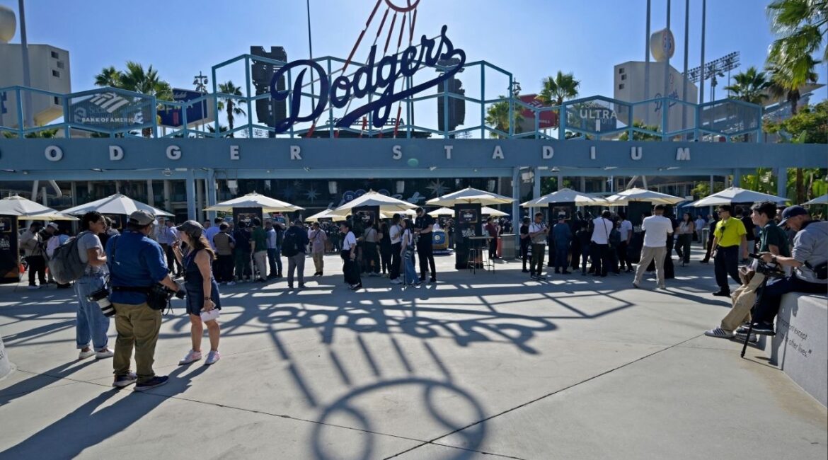 Oct 24, 2024; Los Angeles, CA, USA; General view of the centerfield plaza during media prior to game one of the World Series between the Los Angeles Dodgers and the New York Yankees at Dodger Stadium. Mandatory Credit: Jayne Kamin-Oncea-Imagn Images/File Photo