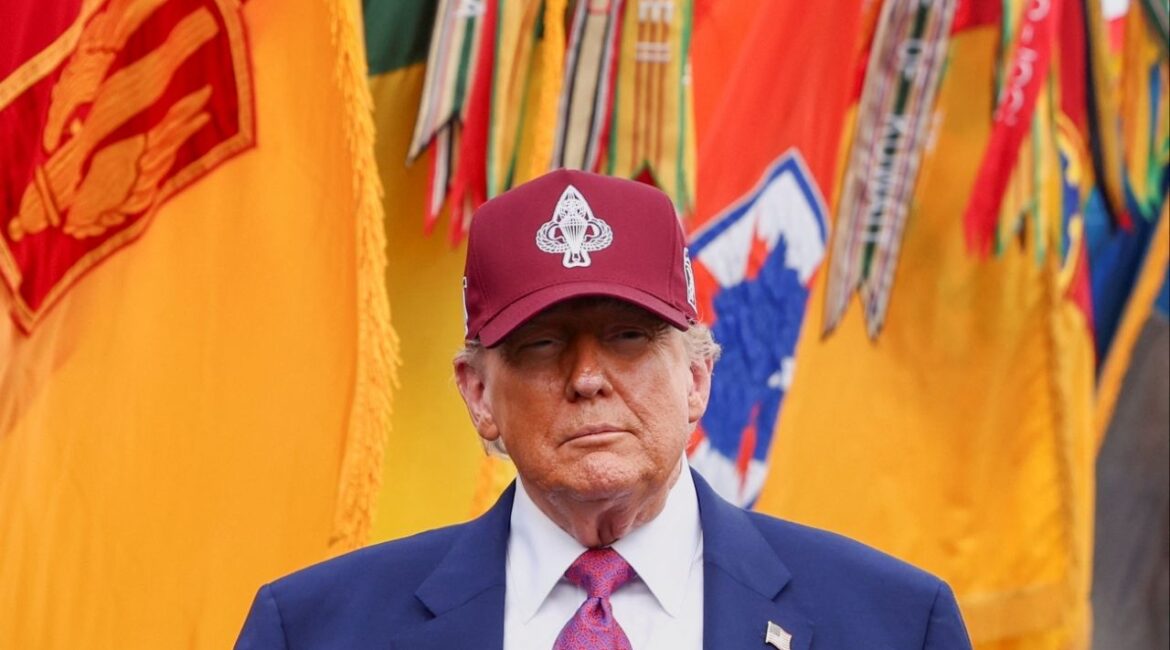 President Donald Trump prepares to deliver remarks during a visit to Fort Bragg to mark the U.S. Army anniversary, in North Carolina, U.S., June 10, 2025. REUTERS/Evelyn Hockstein