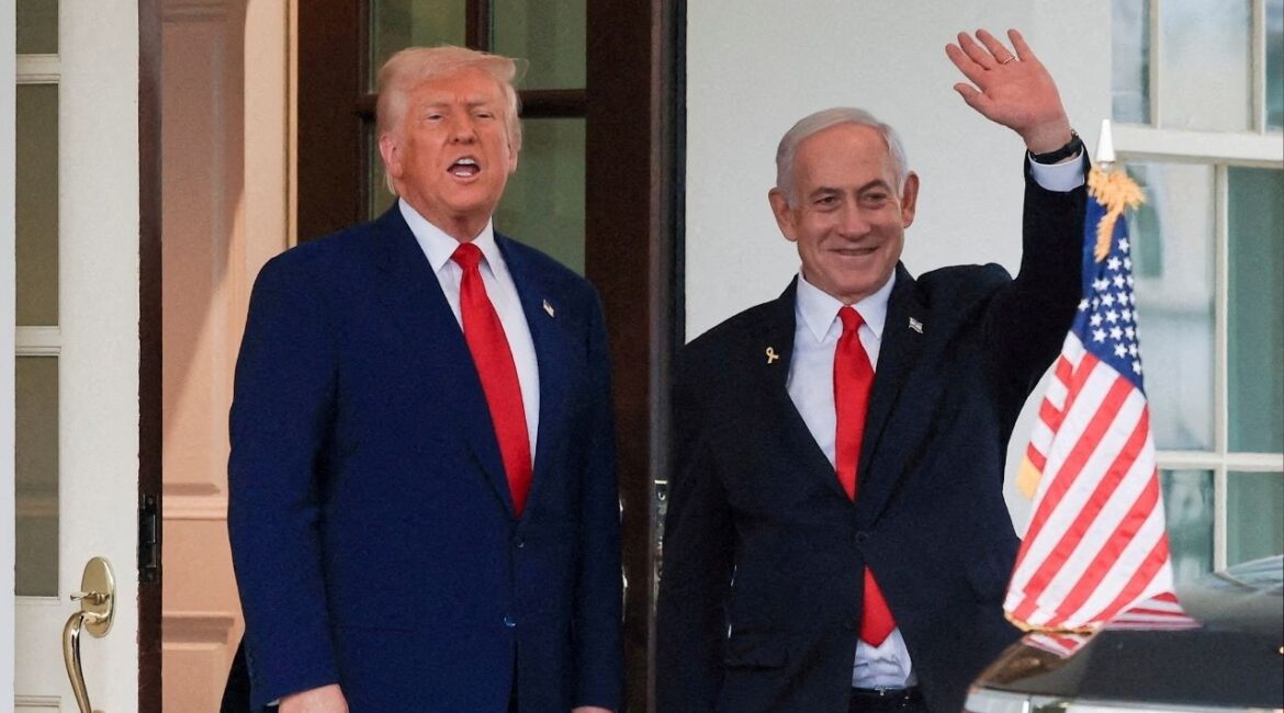 President Donald Trump speaks as Israeli Prime Minister Benjamin Netanyahu waves following a meeting in the White House, in Washington, U.S., April 7, 2025. (Reuters/Kevin Mohatt)